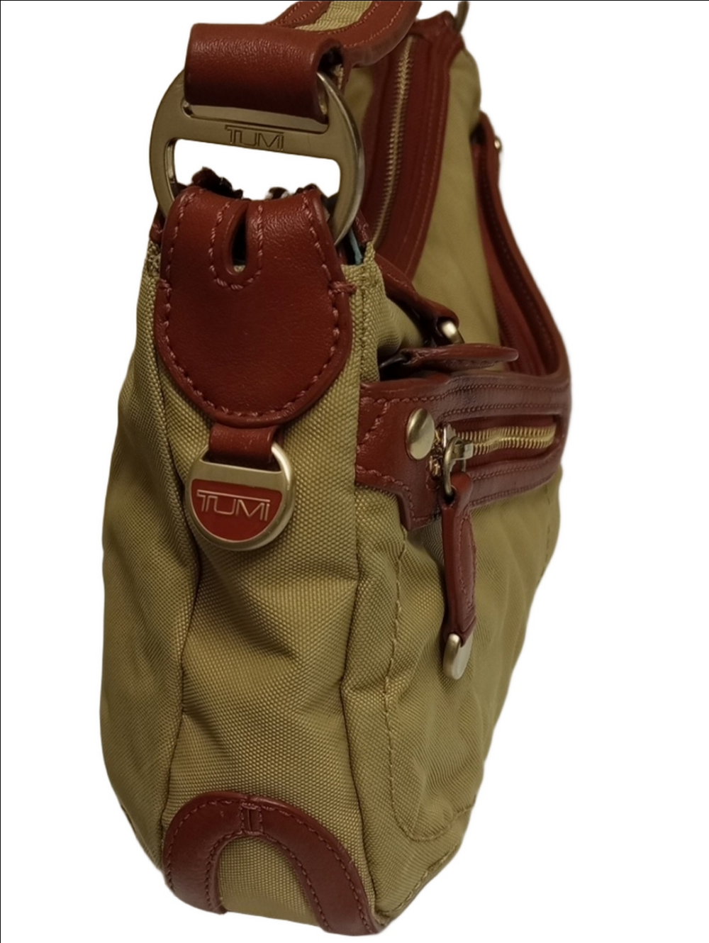 TUMI TAN BALLISTIC NYLON SHOULDER BAG WITH BROWN LEATHER TRIM - Picture 5 of 16